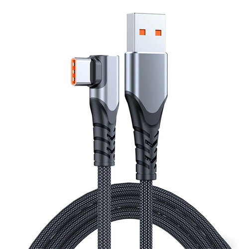 2m 6A 66W Fast Charging Cable USB to Type-C Right Angle Braided Data Cord for Huawei Samsung - Grey - 1