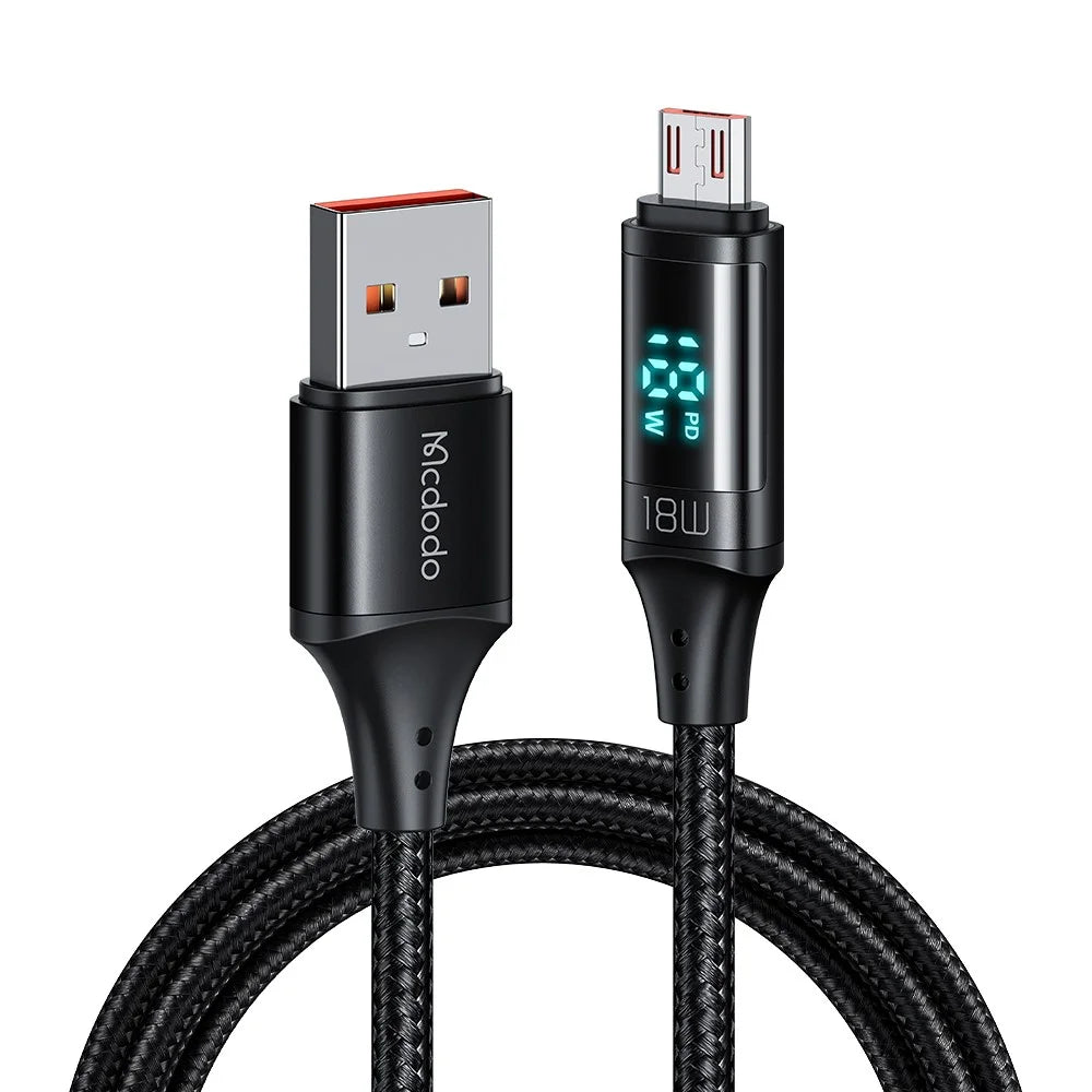 MCDODO CA-1070 1.2m USB A to Micro USB Cable 3A LED Display Charging Cord 480Mbps Data Transmission Cable - Black - 1