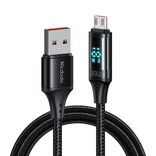 MCDODO CA-1070 1.2m USB A to Micro USB Cable 3A LED Display Charging Cord 480Mbps Data Transmission Cable - Black - 1