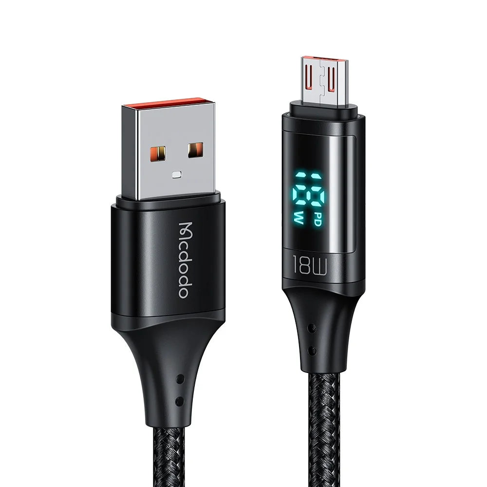 MCDODO CA-1070 1.2m USB A to Micro USB Cable 3A LED Display Charging Cord 480Mbps Data Transmission Cable - Black - 2