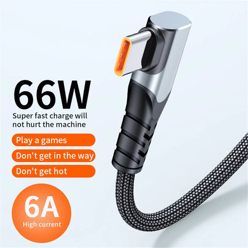 0.5m 66W 6A High Current Fast Charging Cable 90 Degree USB to Type-C Braided Data Cord - Grey - 2