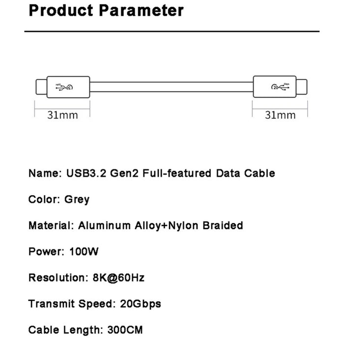 3m PD 100W USB-C 3.2 Gen2 Data Cable 8K/60Hz 20Gbps High Speed Cord for MacBook/iPad Pro - 5