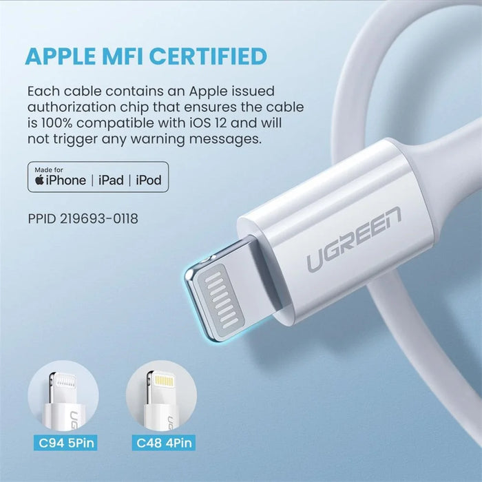 UGREEN 1m for iPhone/iPad/iPod MFI Certified Type-C to Lightning 3A PD Fast Charging Wire 480Mbps High Speed Data Cable - 4