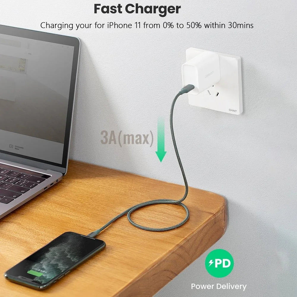 UGREEN MFI Certified Type-C to Lightning 3A PD Charger Aluminum Shell High Speed Data Cable for iOS - Midnight Green - 2