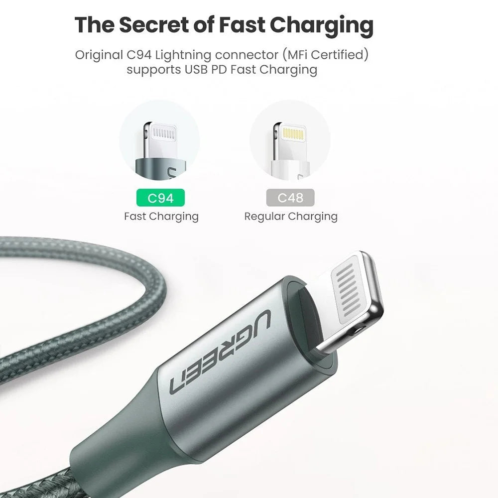 UGREEN MFI Certified Type-C to Lightning 3A PD Charger Aluminum Shell High Speed Data Cable for iOS - Midnight Green - 3