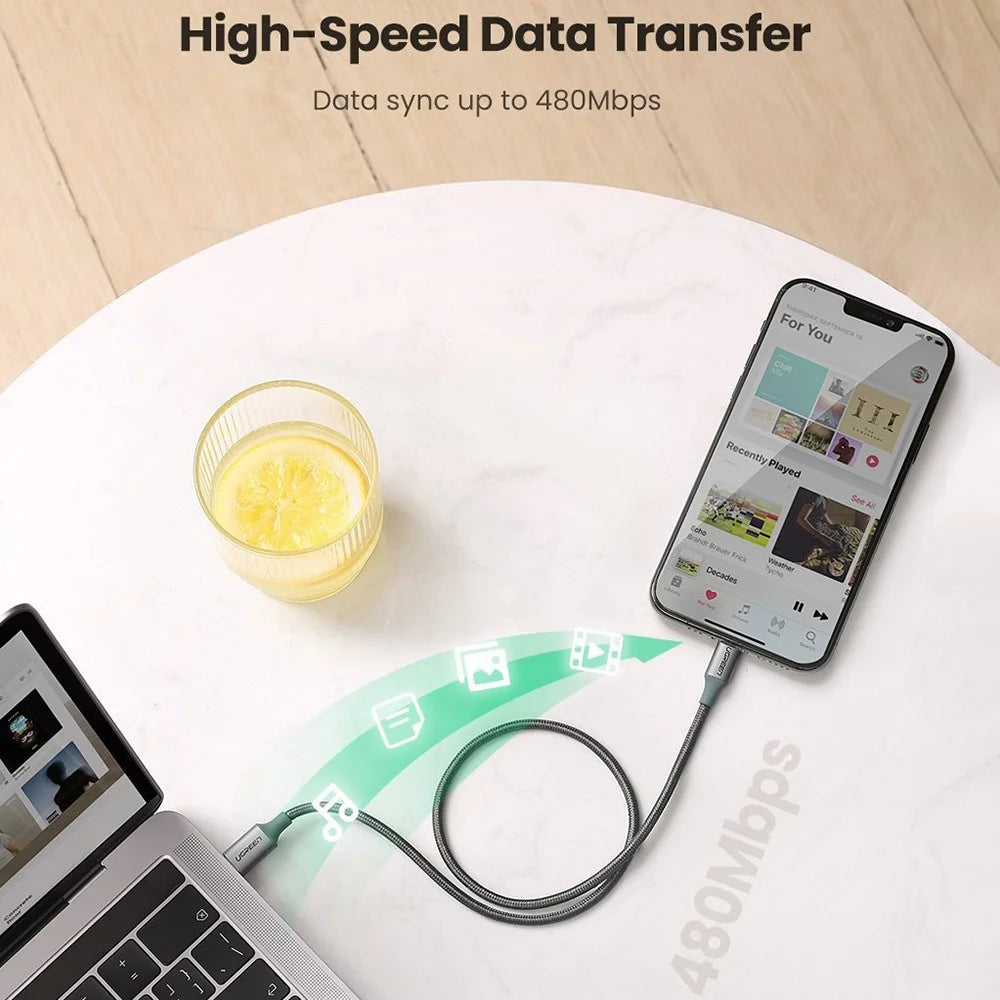 UGREEN MFI Certified Type-C to Lightning 3A PD Charger Aluminum Shell High Speed Data Cable for iOS - Midnight Green - 4