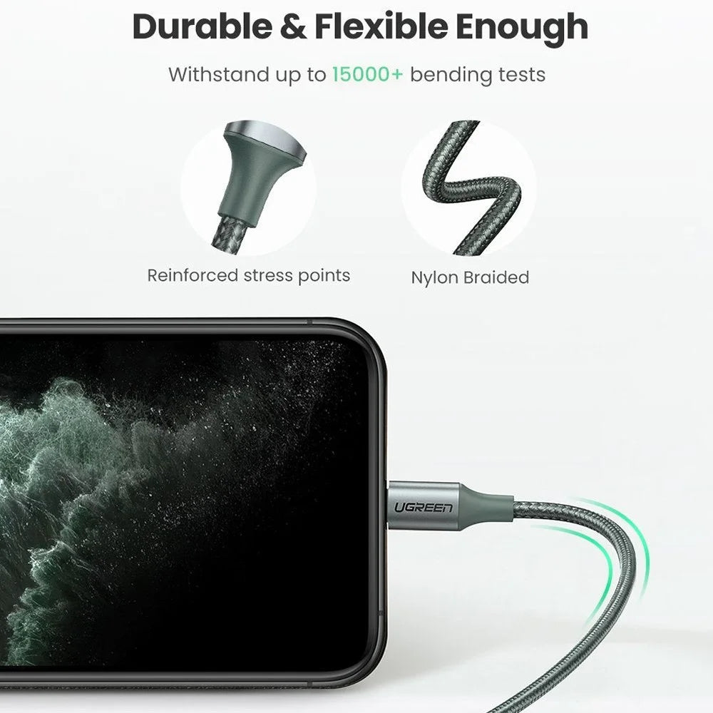 UGREEN MFI Certified Type-C to Lightning 3A PD Charger Aluminum Shell High Speed Data Cable for iOS - Midnight Green - 5