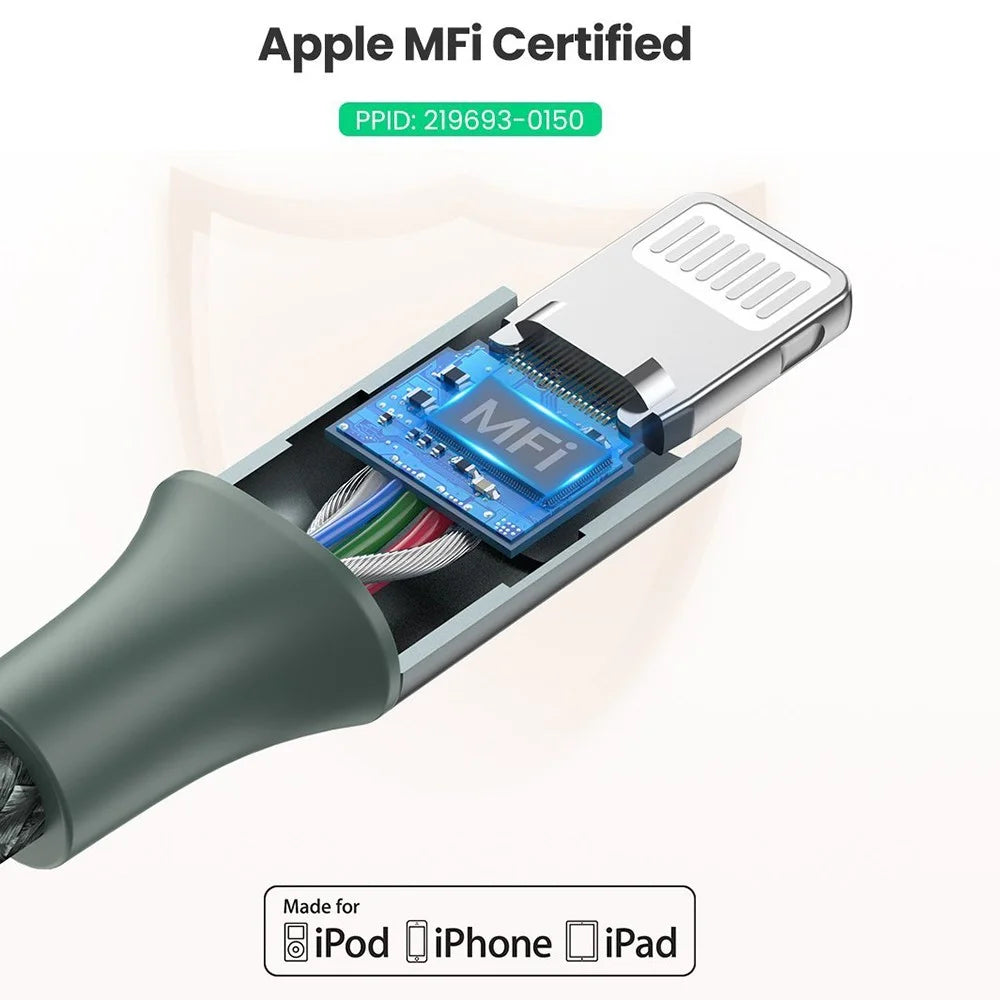UGREEN MFI Certified Type-C to Lightning 3A PD Charger Aluminum Shell High Speed Data Cable for iOS - Midnight Green - 6