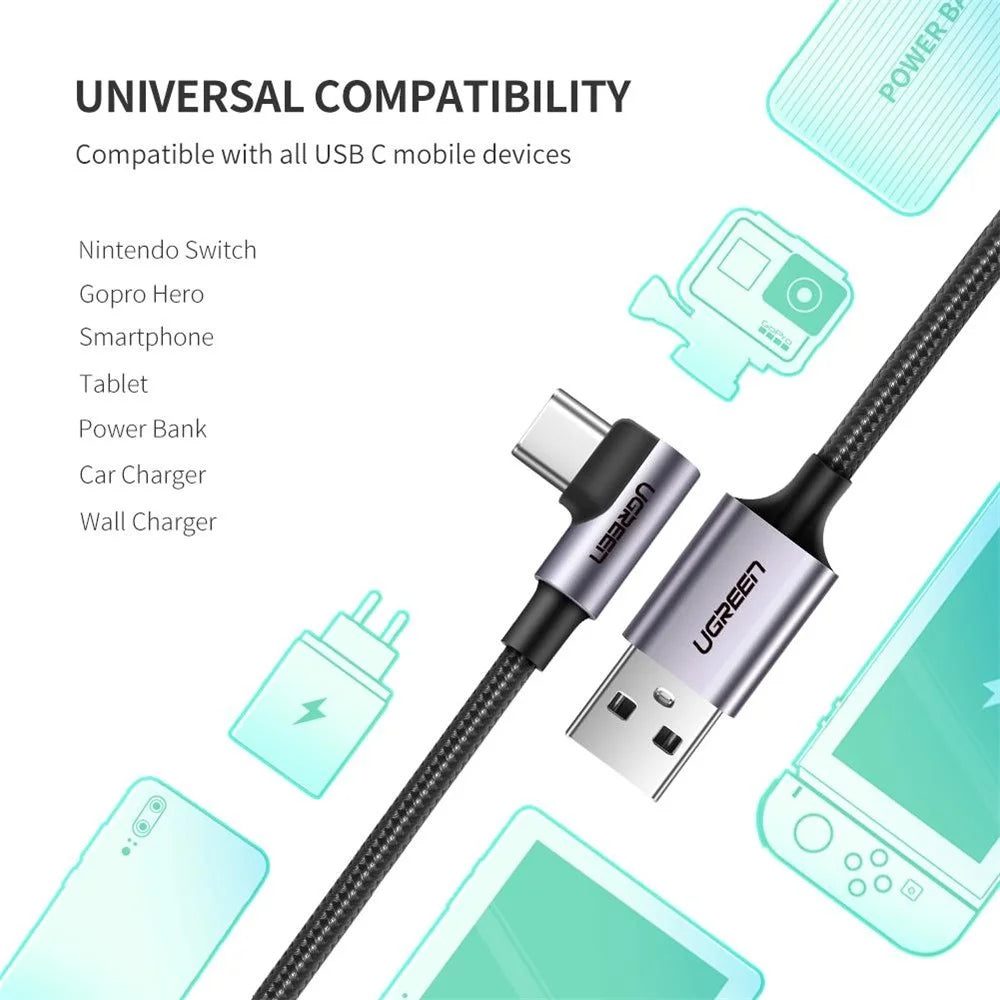 UGREEN 60782 1.5m Fast Charging 18W Right Angle Design Durable Nylon Braided USB 2.0 to Type-C Charging Cable - 5
