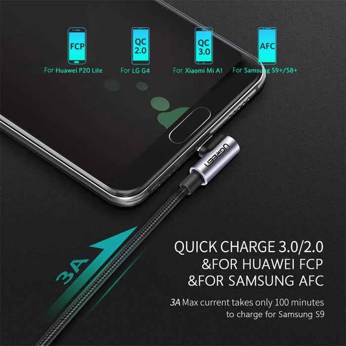 UGREEN 70255 3m Braided Extra Long Length Elbow Design USB 2.0 to Type-C Aluminum 18W Fast Charging Cable - 3