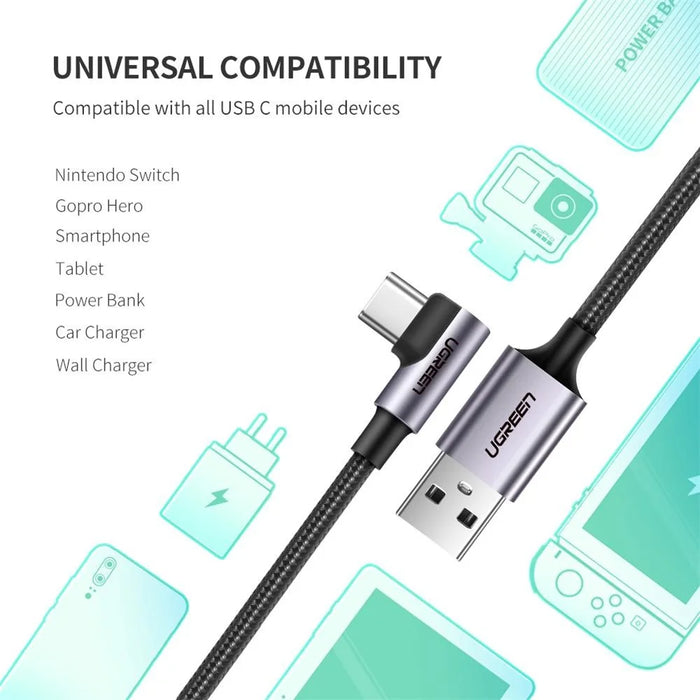 UGREEN 70255 3m Braided Extra Long Length Elbow Design USB 2.0 to Type-C Aluminum 18W Fast Charging Cable - 5