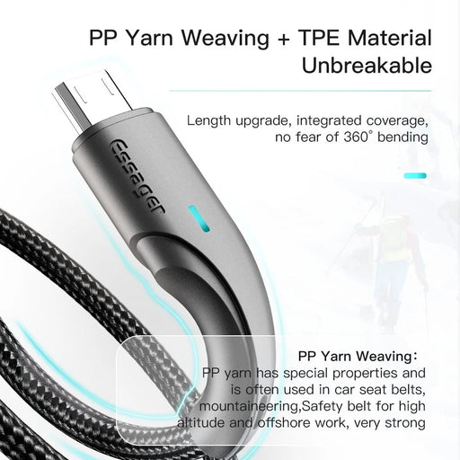 ESSAGER 3m Super Long USB to Micro USB Cell Phone Cable 2.4A Fast Charging 480Mbps Transmission Cord - Black - 2
