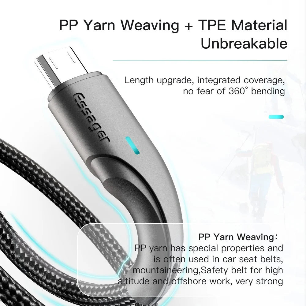 ESSAGER 2m Phone Charge Cable USB to Micro USB 2.4A Fast Charging 480Mbps Transfer Wire LED Light Design Cord - Black - 2