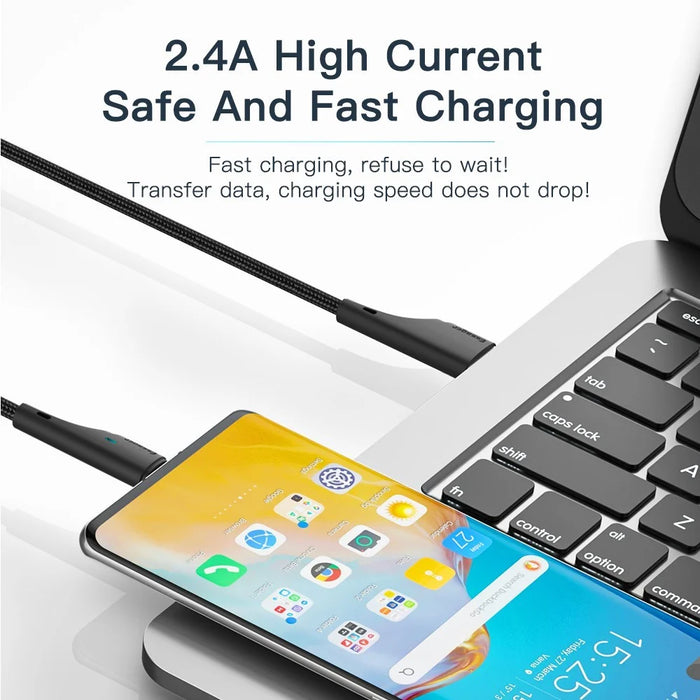 ESSAGER 1m USB to Micro USB Fast Charging Cable 480Mbps Transmission Cord with LED Light Indicator - Black - 6