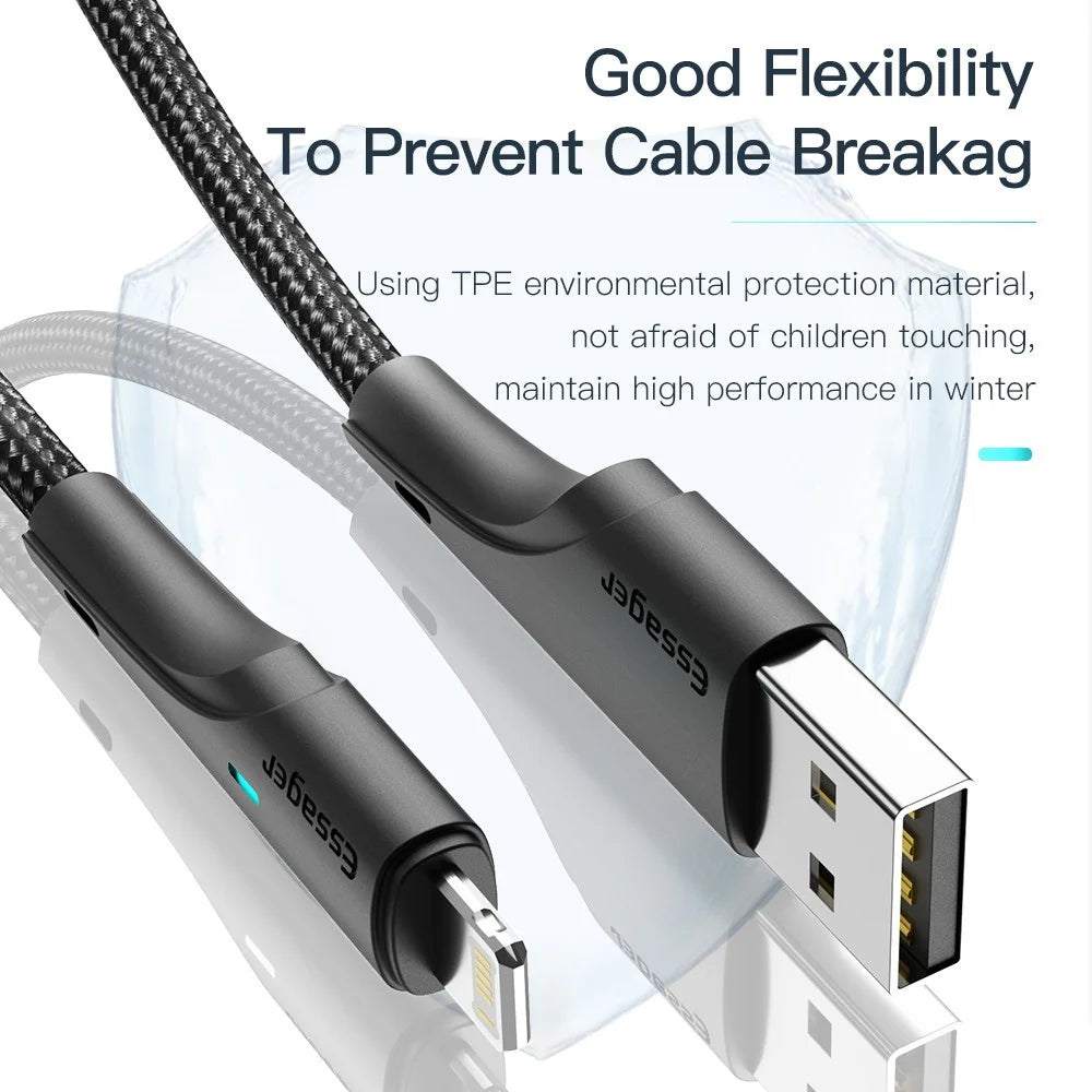 ESSAGER 0.25m USB to iP 2.4A Fast Charging Phone Charge Cable 480Mbps Transfer Wire for Lightning Devices - Black - 3