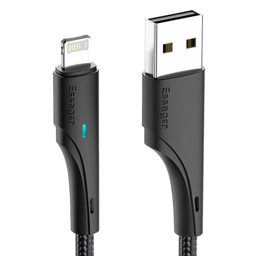 ESSAGER 1m Cell Phone Cable USB to iP 2.4A Fast Charging Cord 480Mbps Transfer Braided Design LED Light Design Line for Lightning Devices - Black - 1