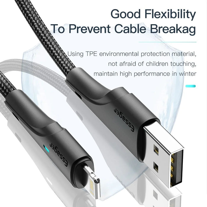 ESSAGER 1m Cell Phone Cable USB to iP 2.4A Fast Charging Cord 480Mbps Transfer Braided Design LED Light Design Line for Lightning Devices - Black - 3