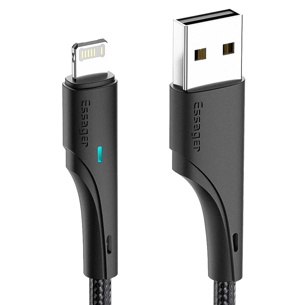 ESSAGER 2m Phone Charge Cable USB to iP 2.4A Fast Charging 480Mbps Transfer Wire LED Light Design Cord for Lightning Devices - Black - 1