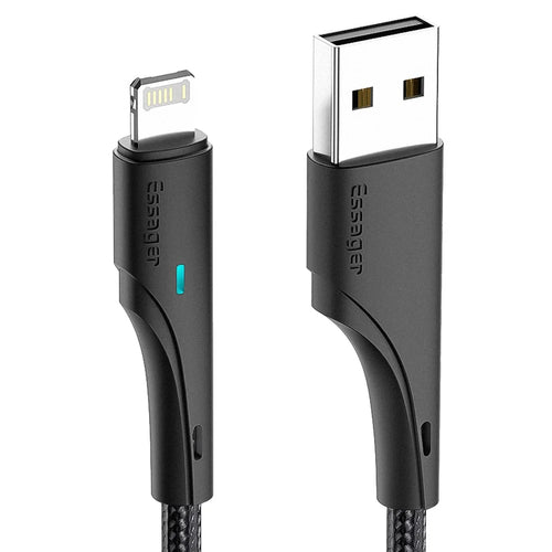 ESSAGER 2m Phone Charge Cable USB to iP 2.4A Fast Charging 480Mbps Transfer Wire LED Light Design Cord for Lightning Devices - Black - 1