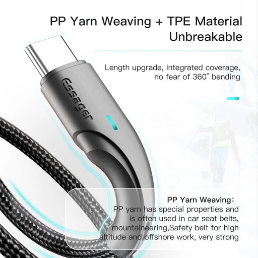 ESSAGER 2m LED Light USB to Type C Cable 3A Fast Charging 480Mbps Transmission Cord - Black - 2