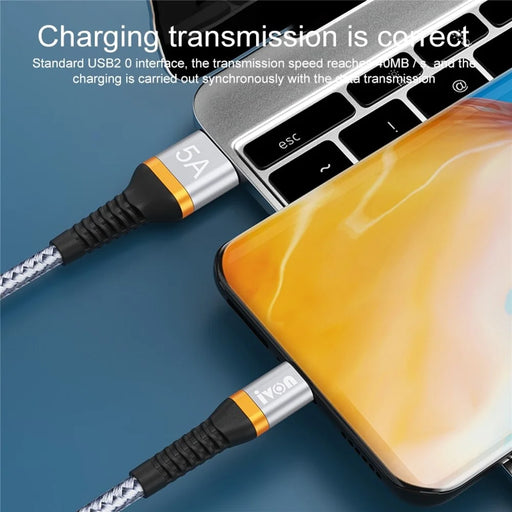 IVON CA79 for iPhone 15 Series 5A Fast Charging Type-C Cable Aluminum Alloy Shell Nylon Woven Data Cord, 1m - Grey - 2
