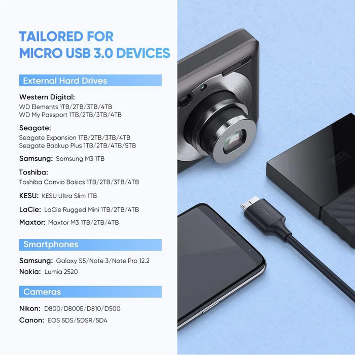 UGREEN 20103 1m USB-C to USB 3.0 Micro Fast Charging Fast Data Transmission Simultaneous Cable Cord for Hard Drive/Camera/Smartphone/Tablet - 6