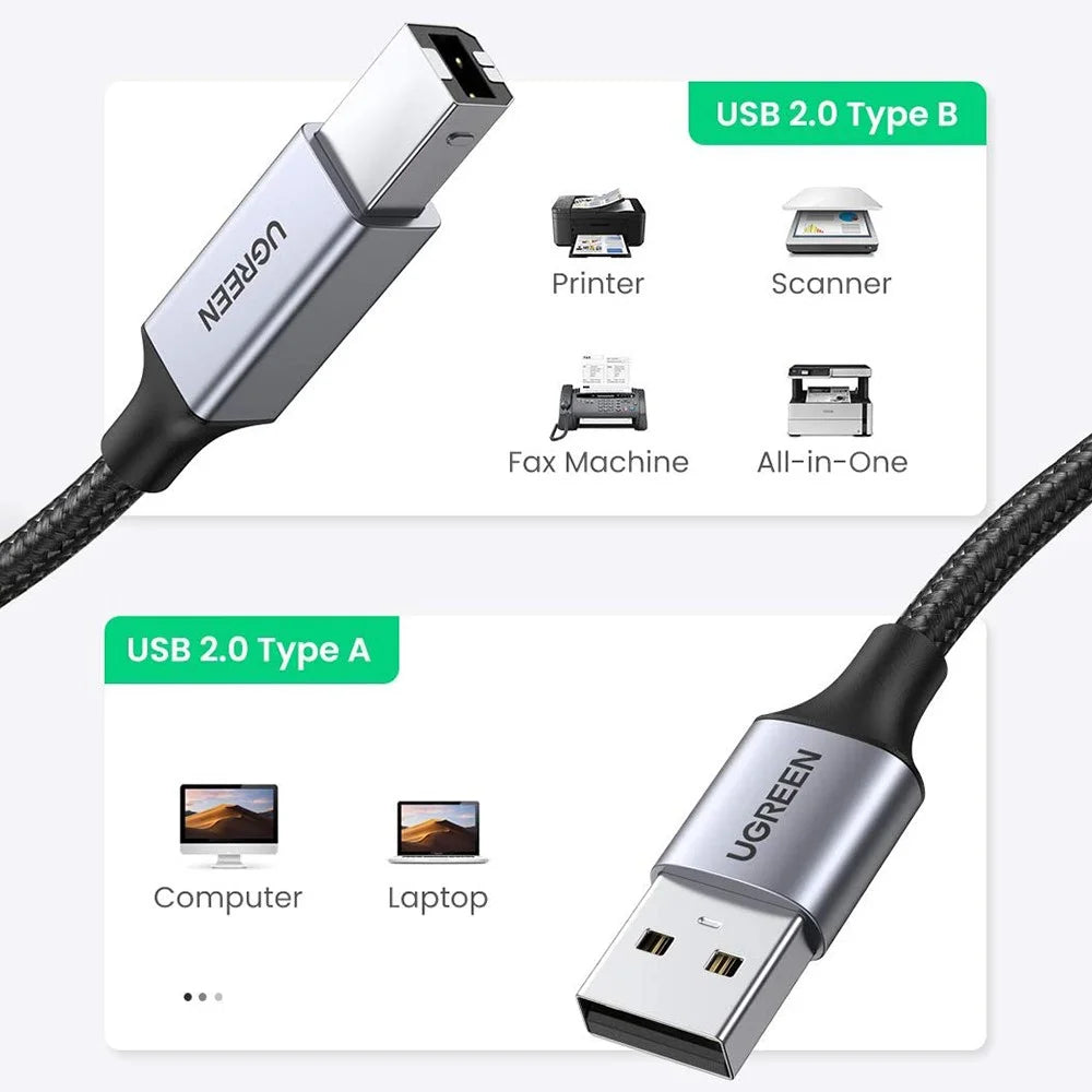 UGREEN 3m For HP Epson Canon Brother USB A to USB B Male Printer Cable Nylon Braided Cord - 6