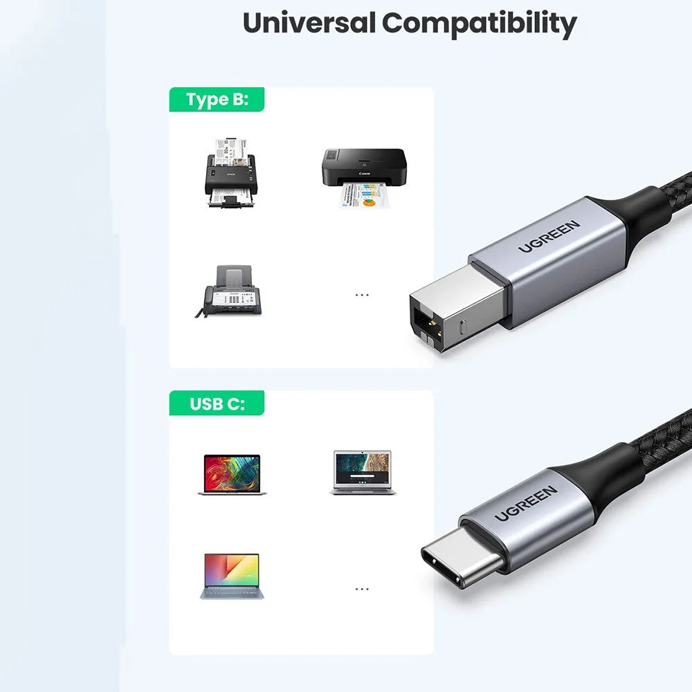 UGREEN 1.5m USB C to USB B 2.0 Nylon Braided Cable for MacBook Pro Epson HP Canon Samsung Printer - 4