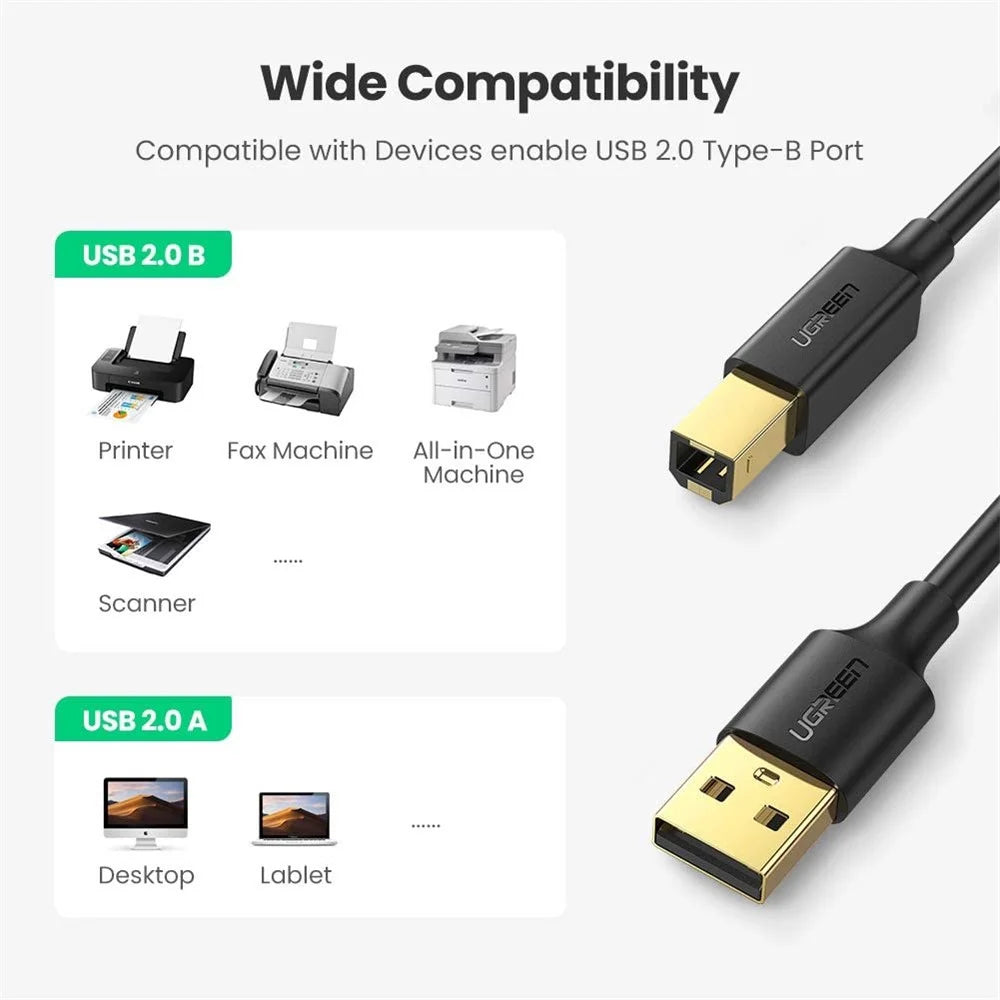 UGREEN 5m Type B Male to A Male Gold Plated Connector USB 2.0 Printer Cable for HP Canon Epson - 5