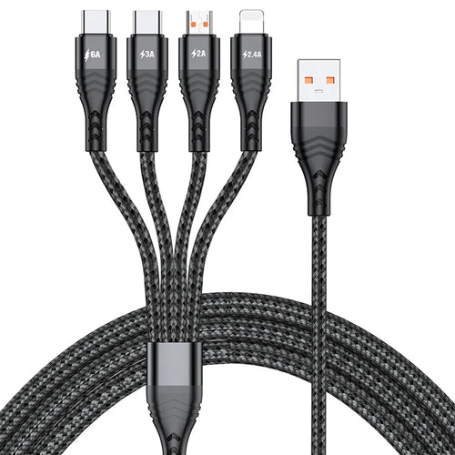 For iPhone 15 Series 2m 4-in-1 66W 6A 4-Output Fast Charging Charging Cable USB to 8Pin+Micro USB+Dual Type-C Braided Cable Adapter - Black - 1