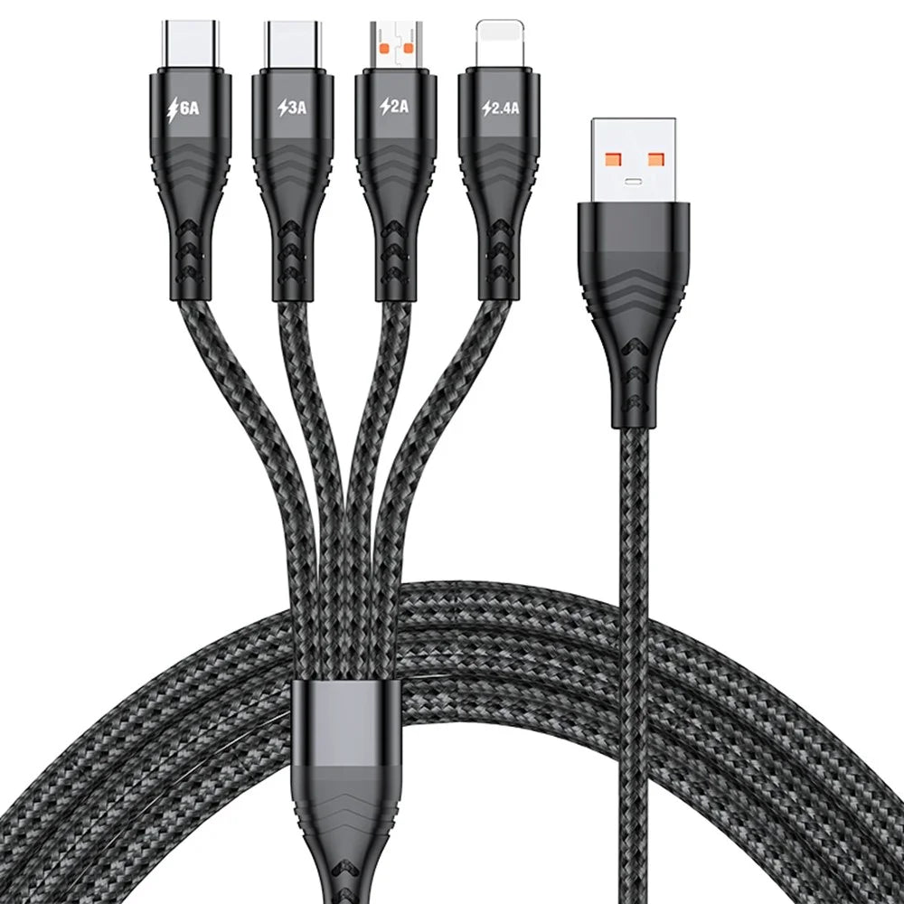 For iPhone 15 Series 2m 4-in-1 66W 6A 4-Output Fast Charging Charging Cable USB to 8Pin+Micro USB+Dual Type-C Braided Cable Adapter - Black - 1