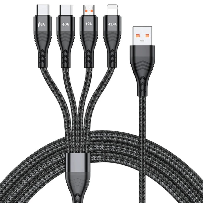 For iPhone 15 Series 2m 4-in-1 66W 6A 4-Output Fast Charging Charging Cable USB to 8Pin+Micro USB+Dual Type-C Braided Cable Adapter - Black - 1