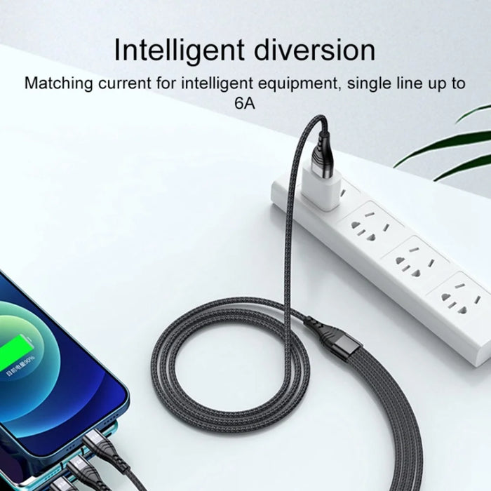 For iPhone 15 Series 2m 4-in-1 66W 6A 4-Output Fast Charging Charging Cable USB to 8Pin+Micro USB+Dual Type-C Braided Cable Adapter - Black - 2
