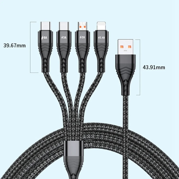 For iPhone 15 Series 2m 4-in-1 66W 6A 4-Output Fast Charging Charging Cable USB to 8Pin+Micro USB+Dual Type-C Braided Cable Adapter - Black - 7