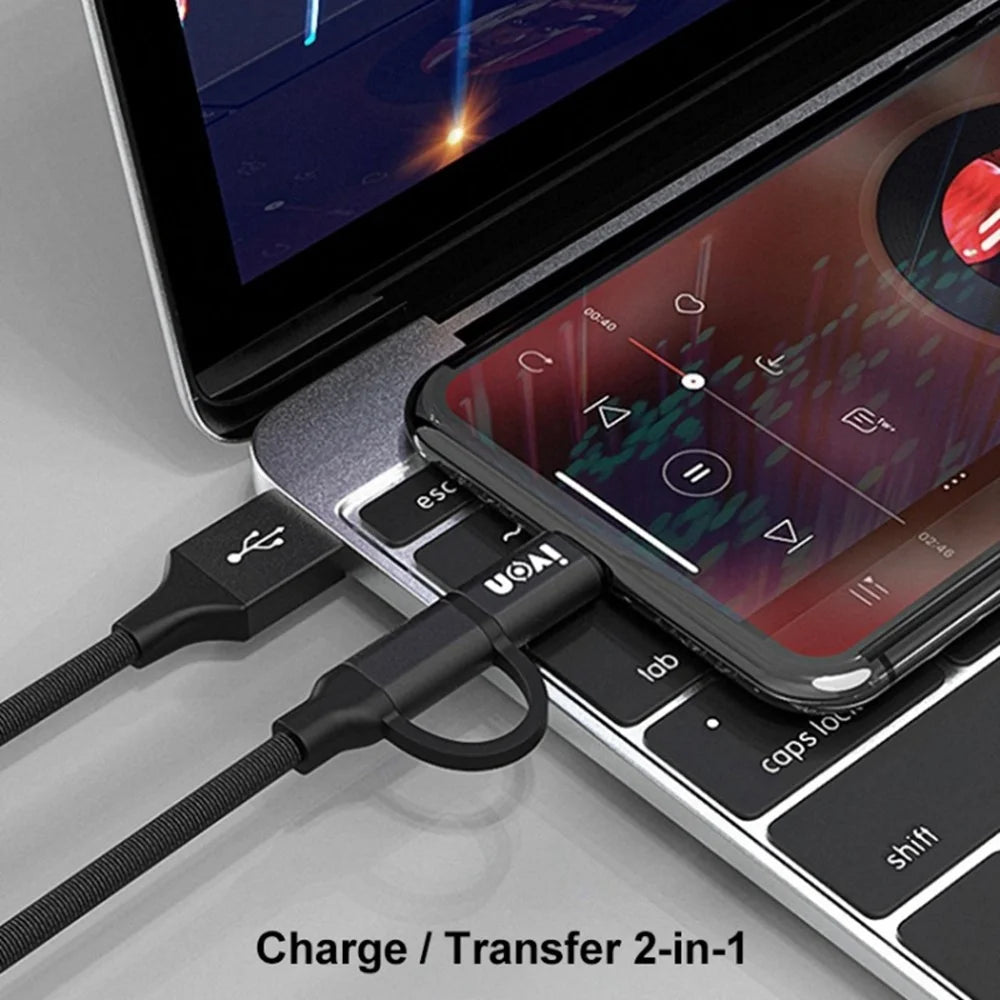 IVON CA52 for iPhone 15 Series 1m 2.4A Charger Wire USB to Type-C+Micro USB Data Cable - Black - 2