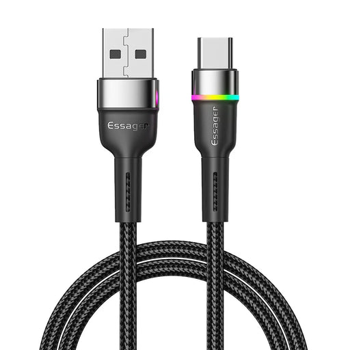ESSAGER 2m USB-A to Type-C 3A Fast Charging Cord 480Mbps Speed Transfer Data Cable with Color Indicator Light Bend-Resistant Braided Charging Cable - Black - 1