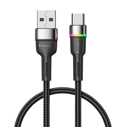 ESSAGER 1m 3A Fast Charging Cable USB-A to Type-C Braided Cord with Color Indicator Light Support 480Mbps Data Transmission - Black - 1