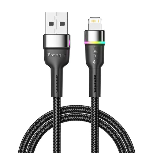 ESSAGER 2m USB-A to 6Pin 3A Fast Charging Cable LED Lighting 480Mbps Transfer Data Cable Cord - Black - 1