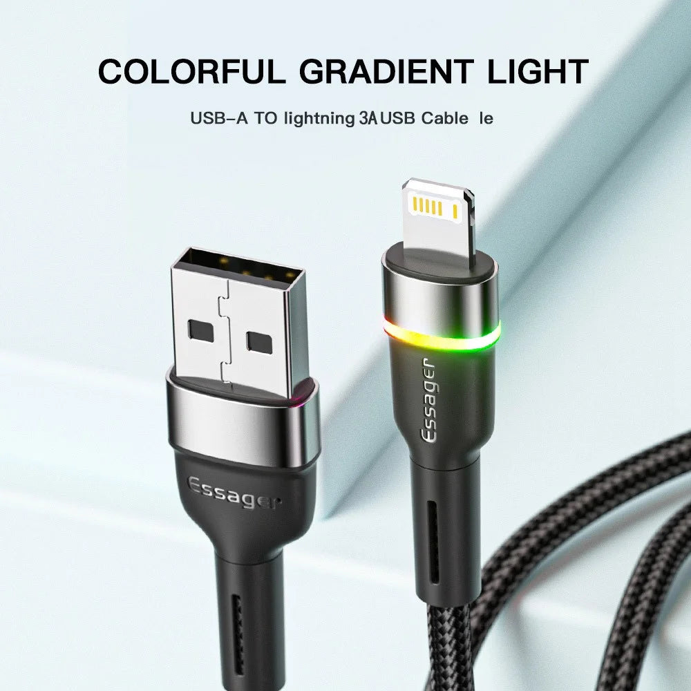 ESSAGER 2m USB-A to 6Pin 3A Fast Charging Cable LED Lighting 480Mbps Transfer Data Cable Cord - Black - 2
