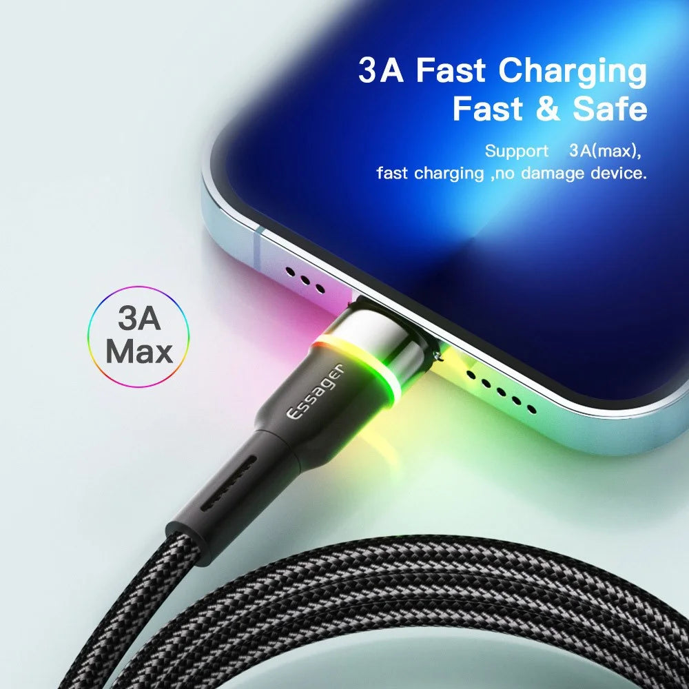 ESSAGER 2m USB-A to 6Pin 3A Fast Charging Cable LED Lighting 480Mbps Transfer Data Cable Cord - Black - 3