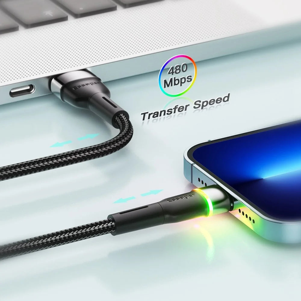 ESSAGER 2m USB-A to 6Pin 3A Fast Charging Cable LED Lighting 480Mbps Transfer Data Cable Cord - Black - 5