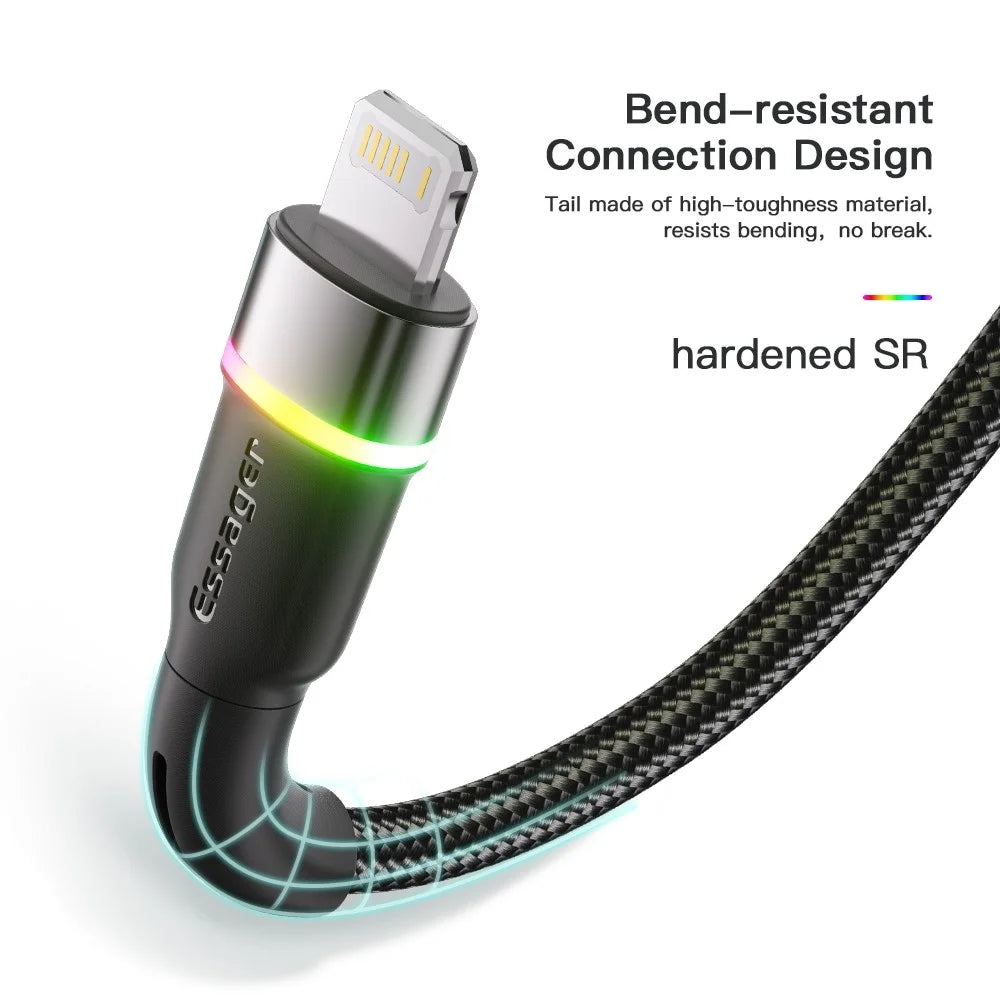 ESSAGER 2m USB-A to 6Pin 3A Fast Charging Cable LED Lighting 480Mbps Transfer Data Cable Cord - Black - 7