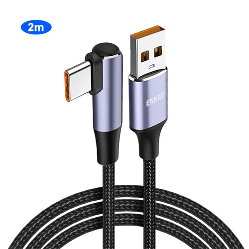 ENKAY HAT PRINCE 2m 66W 6A Super Fast Charging Braided Cable Android Phone USB to Elbow Type-C Data Cord - Black - 1