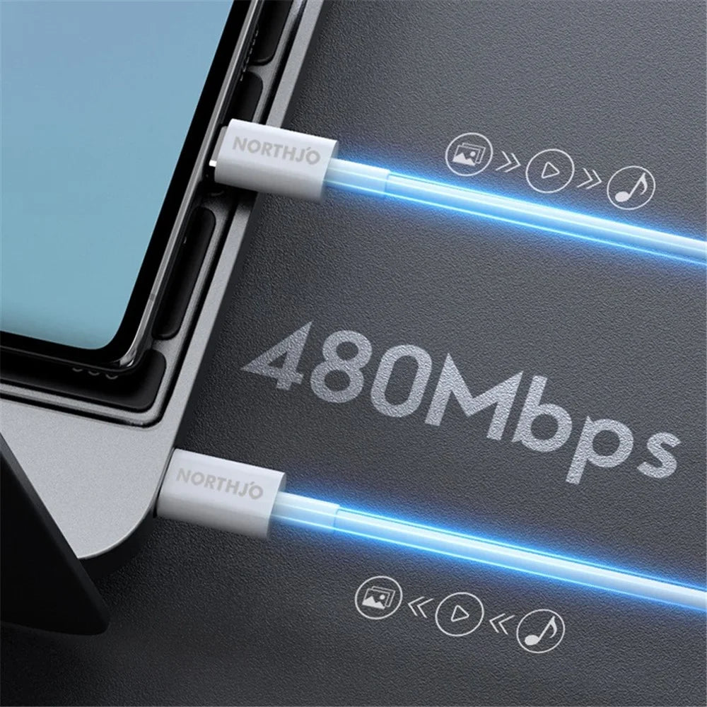 NORTHJO 1m 60W Type C PD Fast Charging Cable 480Mbps Data Transmission Wire for Home and Office - White - 3