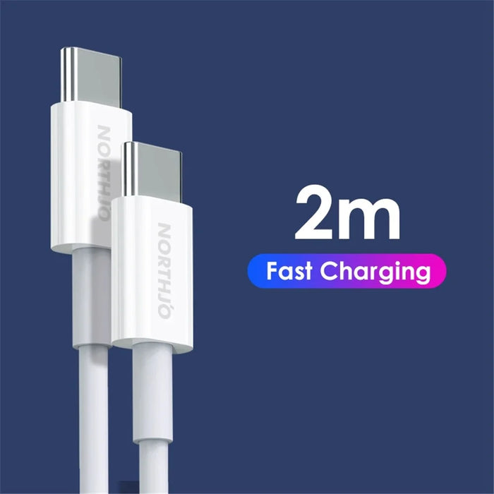 NORTHJO 2m 60W USB C to USB C PD Fast Charging Cable 480Mbps Data Transmission Cord - White - 5