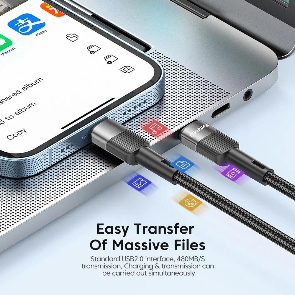 ESSAGER 1m USB C to C Cable 60W PD Fast Charging 480Mbps Fast Data Transmission Cord - Black - 6