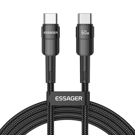 ESSAGER 3m PD 60W Type-C to Type-C Fast Charging Cable 480Mbps Data Transfer Braided Cord - Black - 1