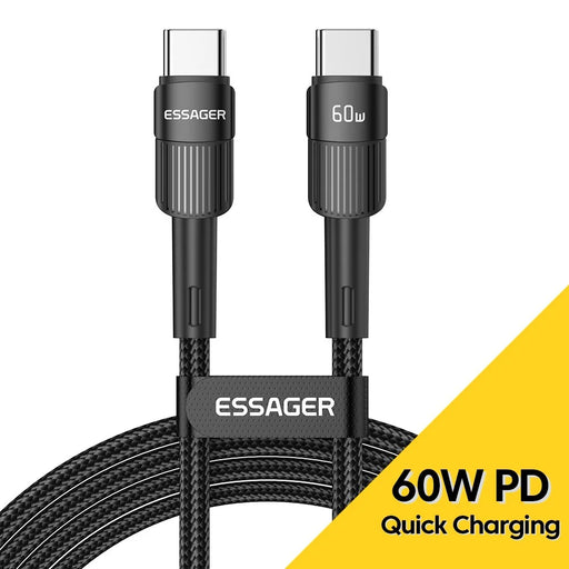 ESSAGER 3m PD 60W Type-C to Type-C Fast Charging Cable 480Mbps Data Transfer Braided Cord - Black - 2