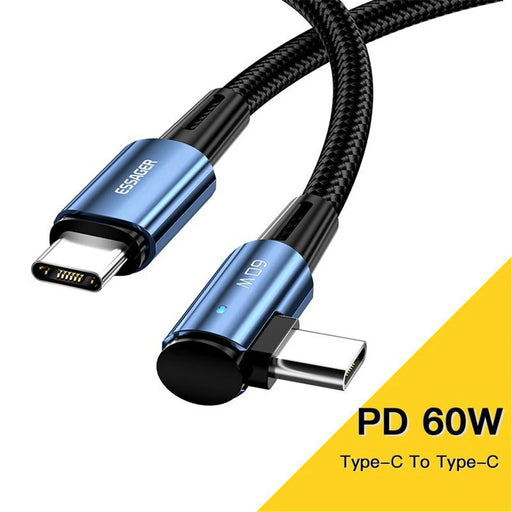 ESSAGER ChenGuang 2m 60W Type-C to Type-C Elbow Cable Fast Charging 480Mbps Braided Data Cord - Blue - 2