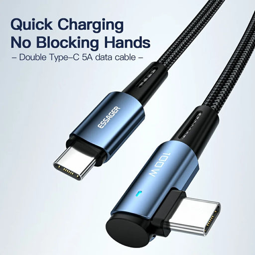 ESSAGER ChenGuang 2m 100W Type-C to Type-C Elbow Braided Cable 5A Fast Charging 480Mbps Data Cord - Blue - 2